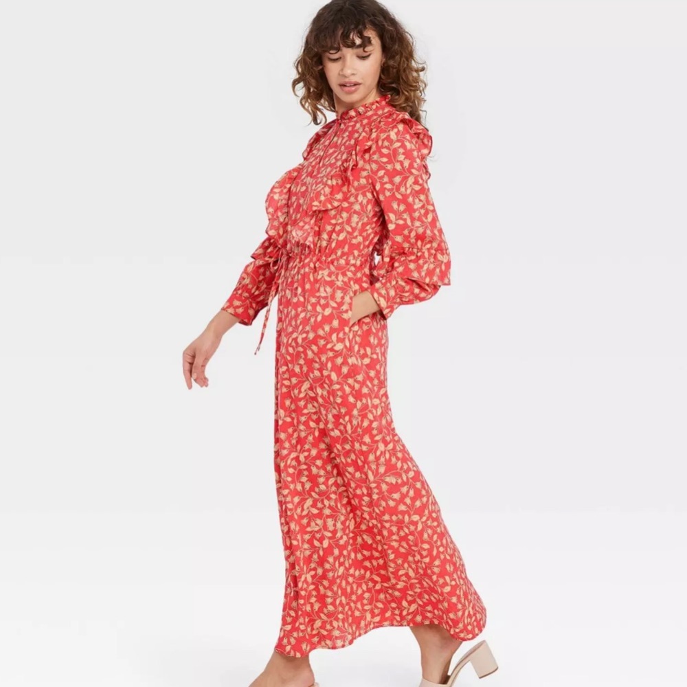NWT who what wear dress balloon long sleeve maxi dress soft ruffle red floral